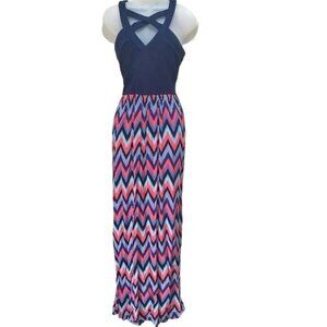 CRYSTAL DOLL Womens Dress SZ 7 Maxi Bandage V-Neck Navy Coral Crisscross Chevron